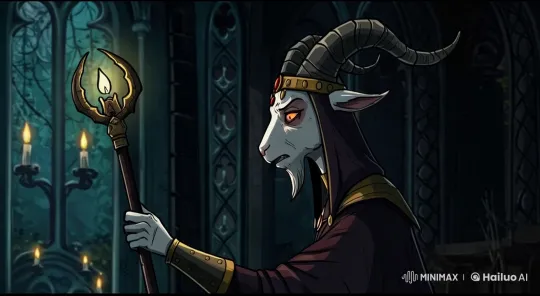 Mystical Goat Figure in Gothic Chamber Examines Staff – AI Generated Video | Hailuo AI