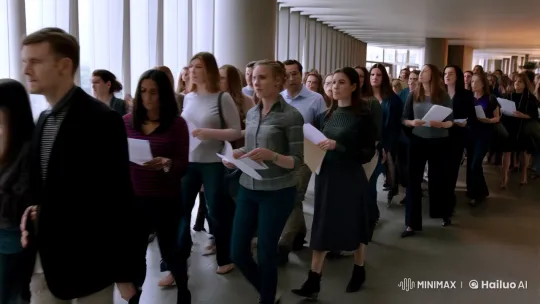 Crowd Anticipation in Sleek Modern Hallway – AI Generated Video | Hailuo AI