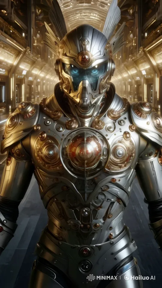 Futuristic Robot Showcases Detailed Design in Luxurious Hallway – AI Generated Video | Hailuo AI