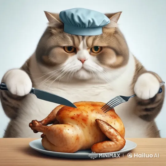 Plump Cat Chef Enjoying Roasted Chicken – AI Generated Video | Hailuo AI