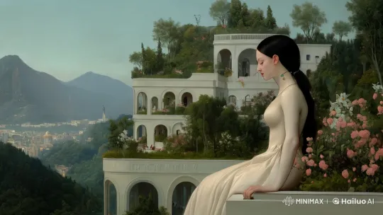 Graceful Woman Amidst Nature and Cityscape – AI Generated Video | Hailuo AI