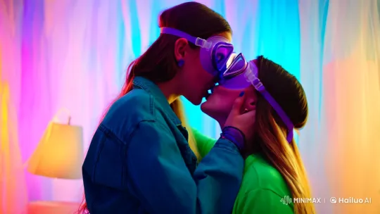 Teenagers Passionately Kiss in Colorful, Dreamlike Setting – AI Generated Video | Hailuo AI