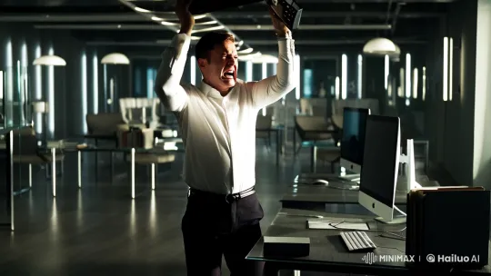 Employee Smashes Computer in Dramatic Office Breakdown – AI Generated Video | Hailuo AI