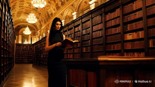 Aesthetic Film: Woman in Grand Library Explores Books – AI Generated Video | Hailuo AI