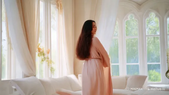 Woman in Flowing Dress Dances Gracefully in Lit Room – AI Generated Video | Hailuo AI