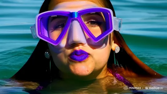 Mermaid Girl Kisses with Purple Scuba Gear [Zoom Out] – AI Generated Video | Hailuo AI