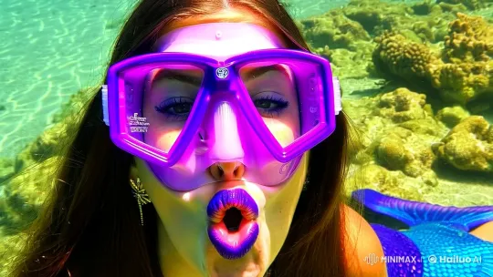 Mermaid Girl Kisses with Purple Scuba Mask and Lipstick – AI Generated Video | Hailuo AI