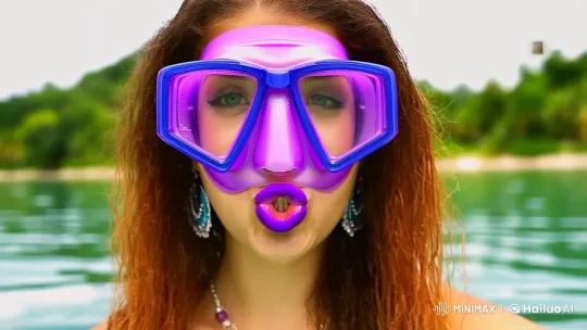 Mermaid Girl Kisses with Purple Scuba Mask – AI Generated Video | Hailuo AI