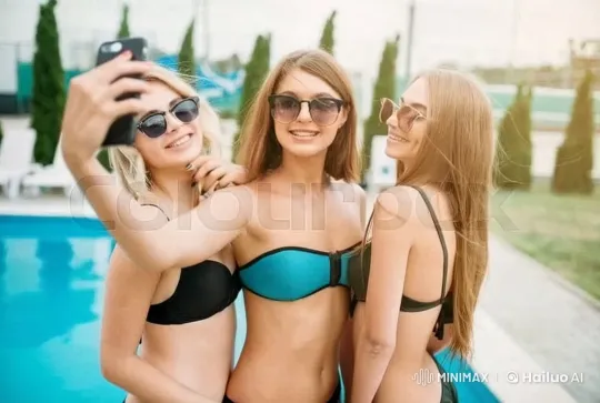 Animated Poolside Selfie: Three Women's Intimate Kiss – AI Generated Video | Hailuo AI