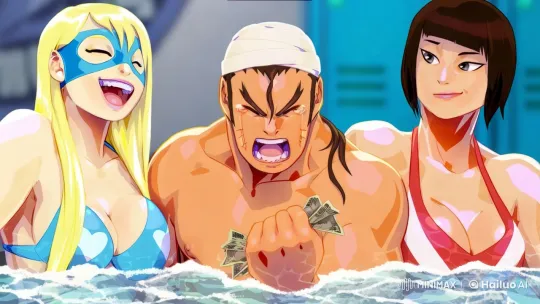 Dynamic Live2D Scene with Muscular Man and Two Women – AI Generated Video | Hailuo AI