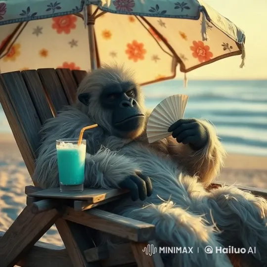 Relaxing Yeti on Beach with Cooling Breeze and Smoothie – AI Generated Video | Hailuo AI