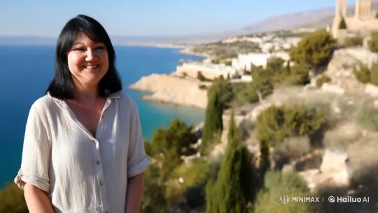 Woman and Deer Enjoy Serene Greek Landscape – AI Generated Video | Hailuo AI