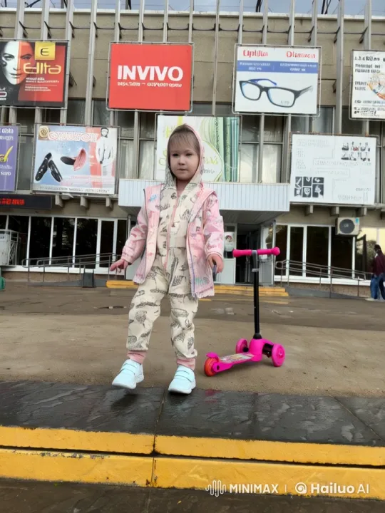 Urban Scene: Girl in Pajamas by Pink Scooter – AI Generated Video | Hailuo AI