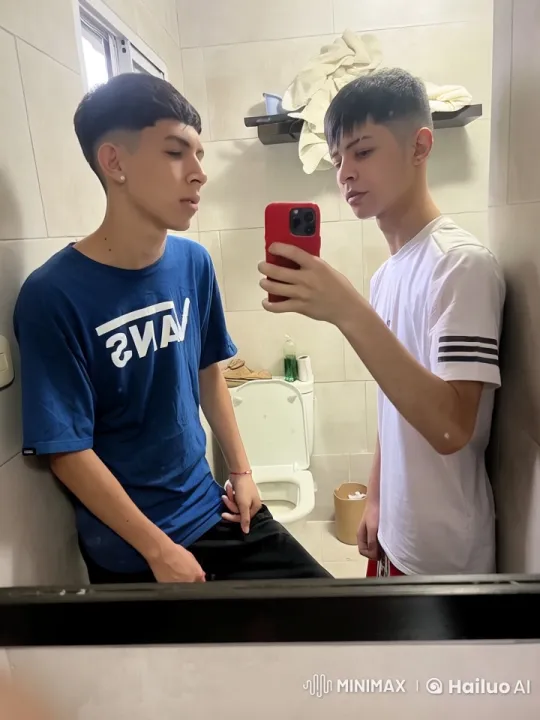 Two Men Bond in a Bathroom Taking a Selfie – AI Generated Video | Hailuo AI