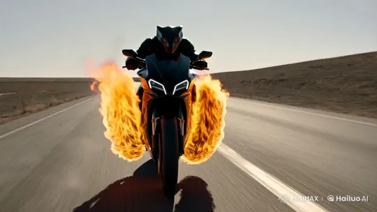 Flaming Bike Rider on Empty Road: Aesthetic Journey – AI Generated Video | Hailuo AI