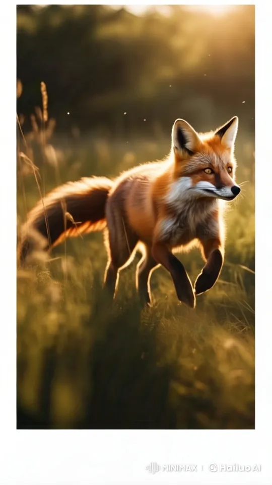 Vibrant Fox Gracefully Trots in Golden Meadow at Dusk – AI Generated Video | Hailuo AI