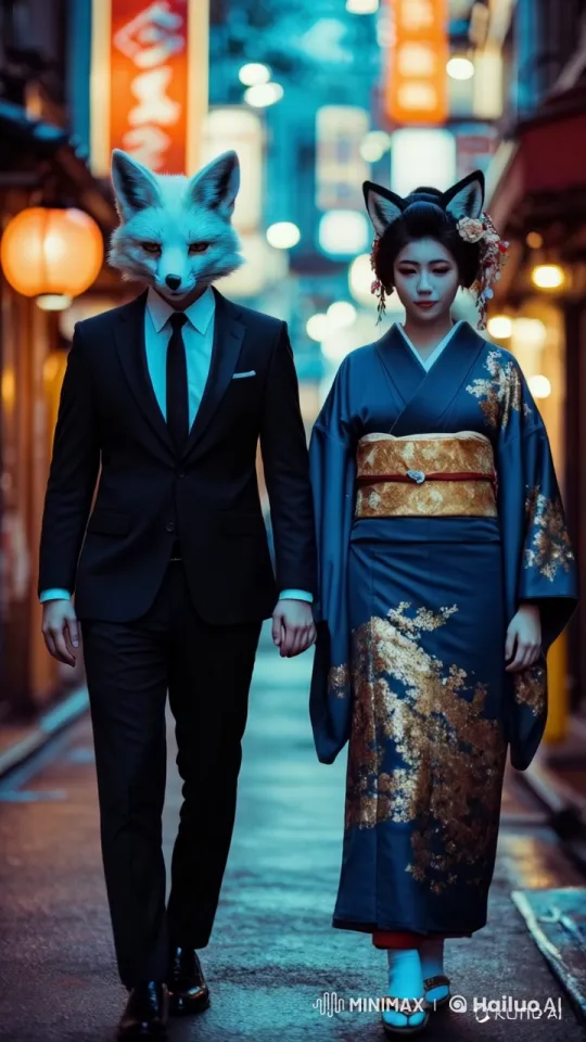 Couple in Animal Masks Strolls Through Colorful Night Street – AI Generated Video | Hailuo AI