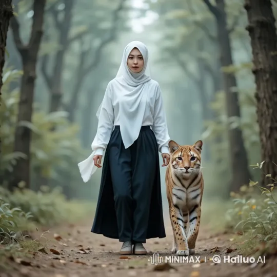 Serene Forest Walk with Woman and Majestic Tiger – AI Generated Video | Hailuo AI