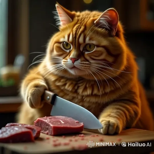 Feline Chef: Orange Tabby Slices Meat in Animated Video – AI Generated Video | Hailuo AI