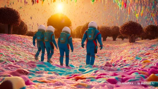 Astronauts Explore Colorful Ice Cream Planet – AI Generated Video | Hailuo AI