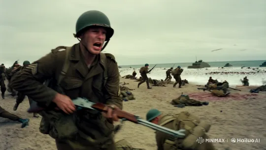 American Soldier's Grim Struggle on Omaha Beach – AI Generated Video | Hailuo AI