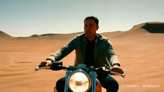 Desert Motorcycle Chase with Dramatic Explosion – AI Generated Video | Hailuo AI