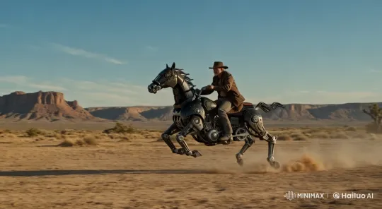 Cowboy Rides Mechanical Horse in Futuristic Desert Chase – AI Generated Video | Hailuo AI