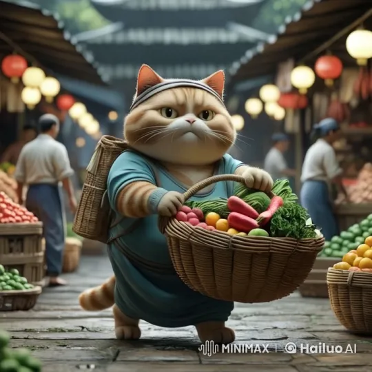 Anthropomorphic Cat Strolls Through Lively Outdoor Market – AI Generated Video | Hailuo AI