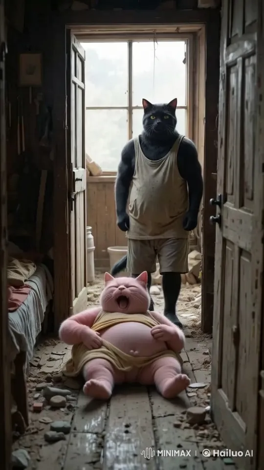 Muscular Cat and Playful Pal in Cozy Home Adventure – AI Generated Video | Hailuo AI