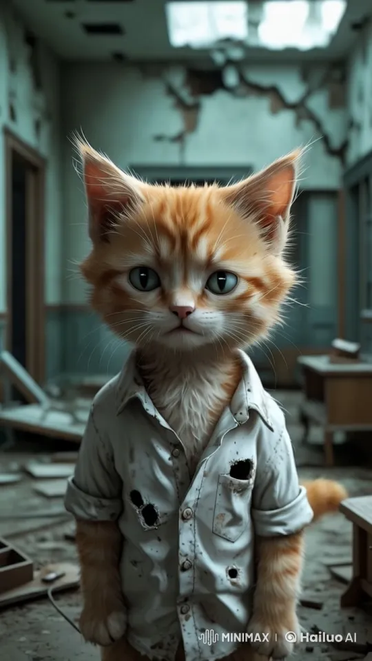 Sad Kitten in Abandoned Room Captured in Live2D Animation – AI Generated Video | Hailuo AI