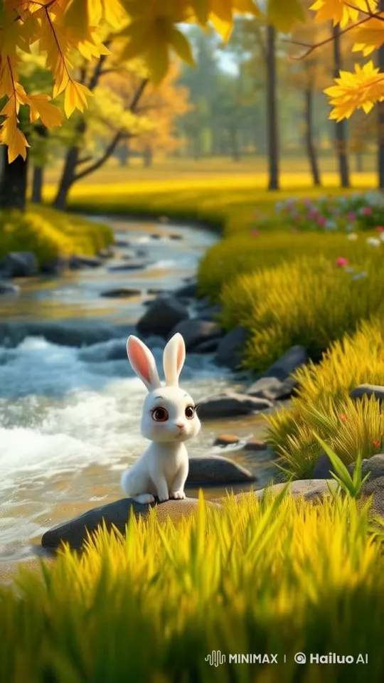 Anxious Rabbit by Rushing Stream with Golden Fields – AI Generated Video | Hailuo AI