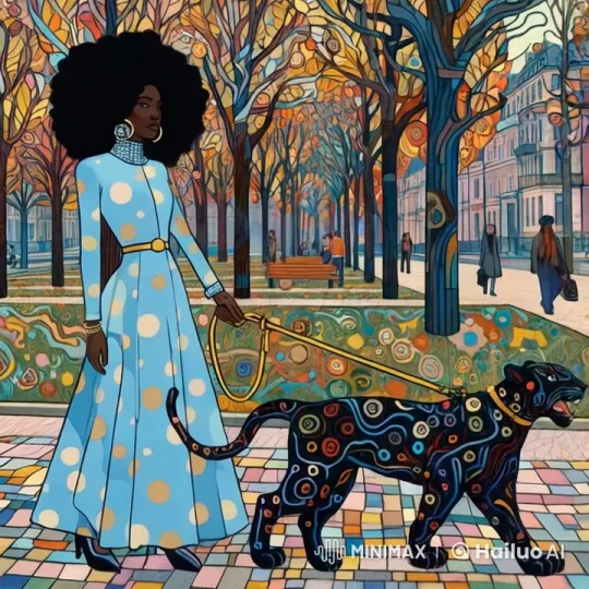 Stylish Walker Strolls with Panther in Colorful Park – AI Generated Video | Hailuo AI