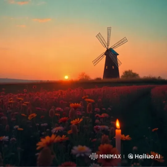 Sunset Serenity: Windmill, Wildflowers, and Candlelight – AI Generated Video | Hailuo AI