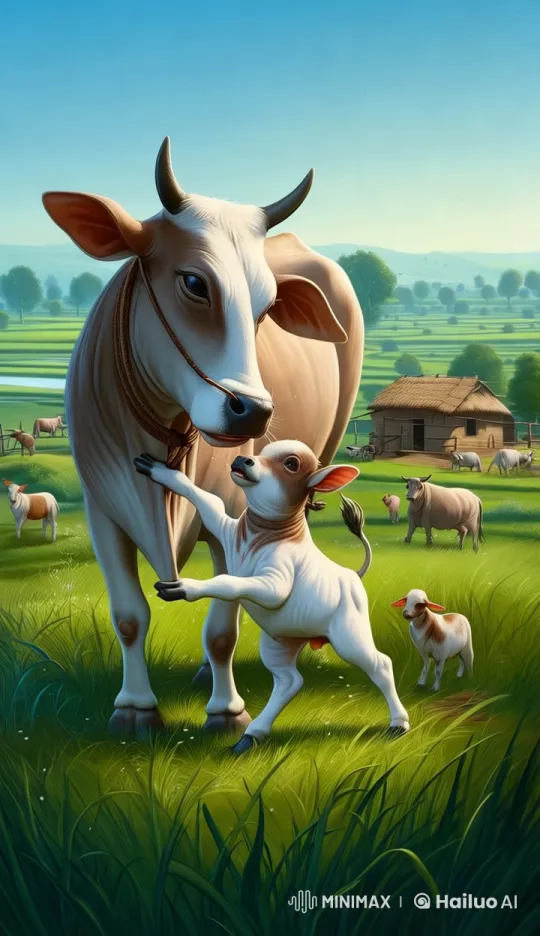 Calf Frolics with Mother in Serene Countryside – AI Generated Video | Hailuo AI