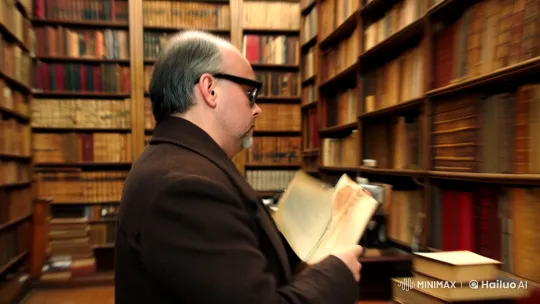 Library Sanctuary: Scholarly Librarian in Ancient Book Study – AI Generated Video | Hailuo AI