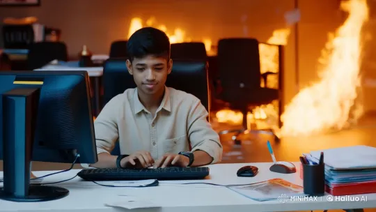 Young Man Remains Calm Amidst Office Fire – AI Generated Video | Hailuo AI