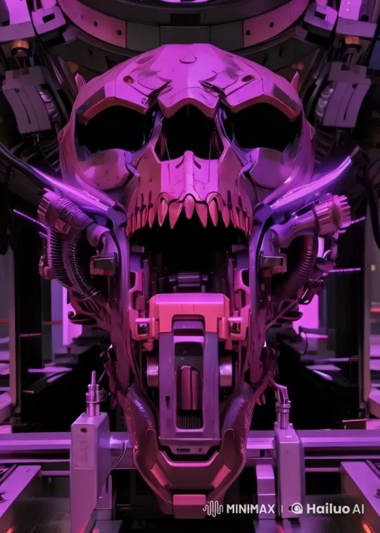 Cyberpunk Factory with Animated Cyborg Skull – AI Generated Video | Hailuo AI