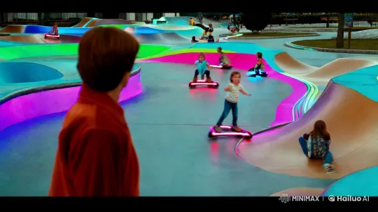 Marty McFly Observes Hoverboarders in Futuristic Skate Park – AI Generated Video | Hailuo AI