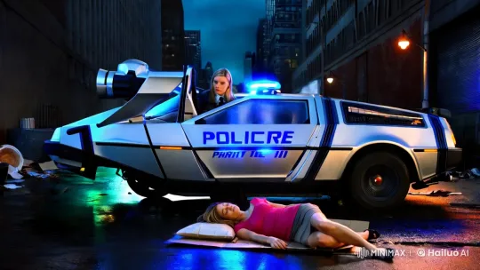 Futuristic Police Confront Unconscious Jennifer in Alley – AI Generated Video | Hailuo AI