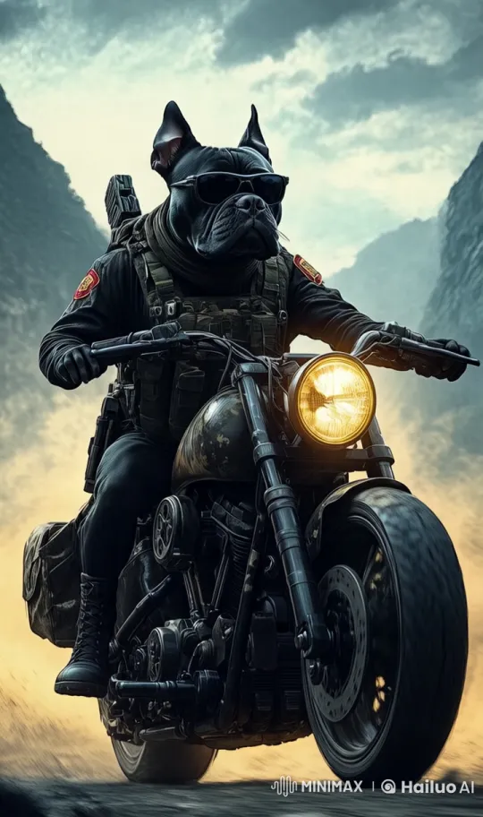 French Bulldog Rider Speeds Through Mountain Pass – AI Generated Video | Hailuo AI