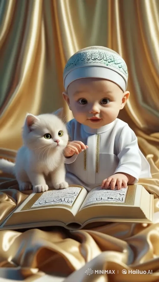 Child and Kitten Engage with Open Book – AI Generated Video | Hailuo AI