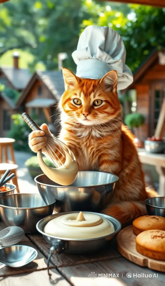Orange Tabby Cat Chef Whisks Batter in Rustic Outdoor Kitchen – AI Generated Video | Hailuo AI