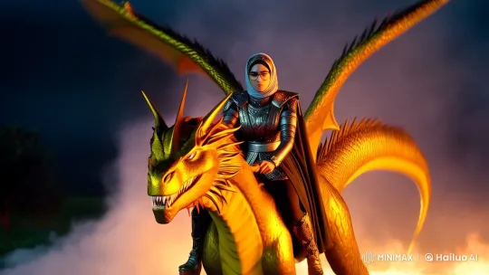 Majestic Dragon Rider in Fiery Night Landscape – AI Generated Video | Hailuo AI