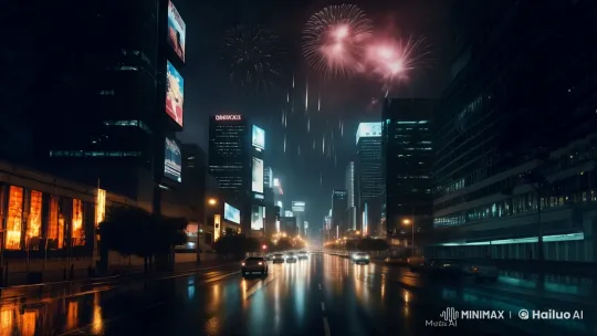 City Skyline Enchanted by Meteor Shower and Fireworks – AI Generated Video | Hailuo AI