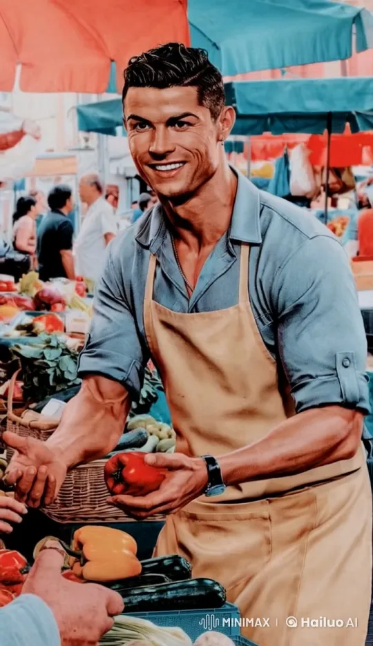 Cristiano Ronaldo: Vegetable Salesman at Bustling Market – AI Generated Video | Hailuo AI