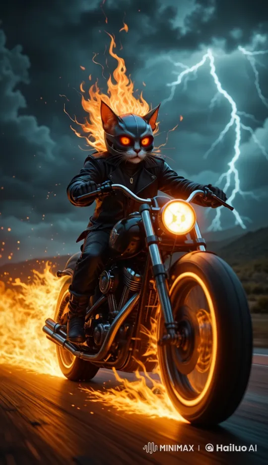 Ghost Rider Cat: Fiery Motorcycle Journey at Dusk – AI Generated Video | Hailuo AI