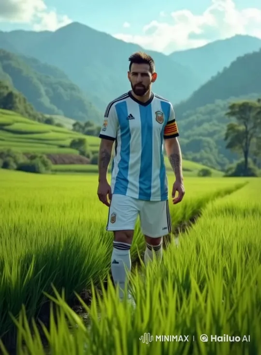 Argentine Footballer Strolls Through Serene Rice Paddy – AI Generated Video | Hailuo AI