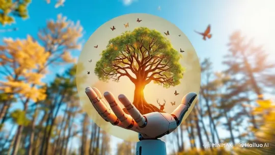Robotic Hand Holds Tree in Glowing Sphere Amidst Nature – AI Generated Video | Hailuo AI