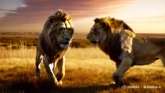 Majestic Lions Dance in Golden Savannah Sunset – AI Generated Video | Hailuo AI