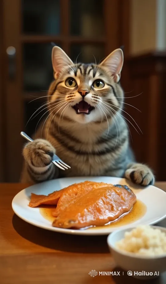 Cute Tabby Cat Enjoys Meal with Fork – AI Generated Video | Hailuo AI